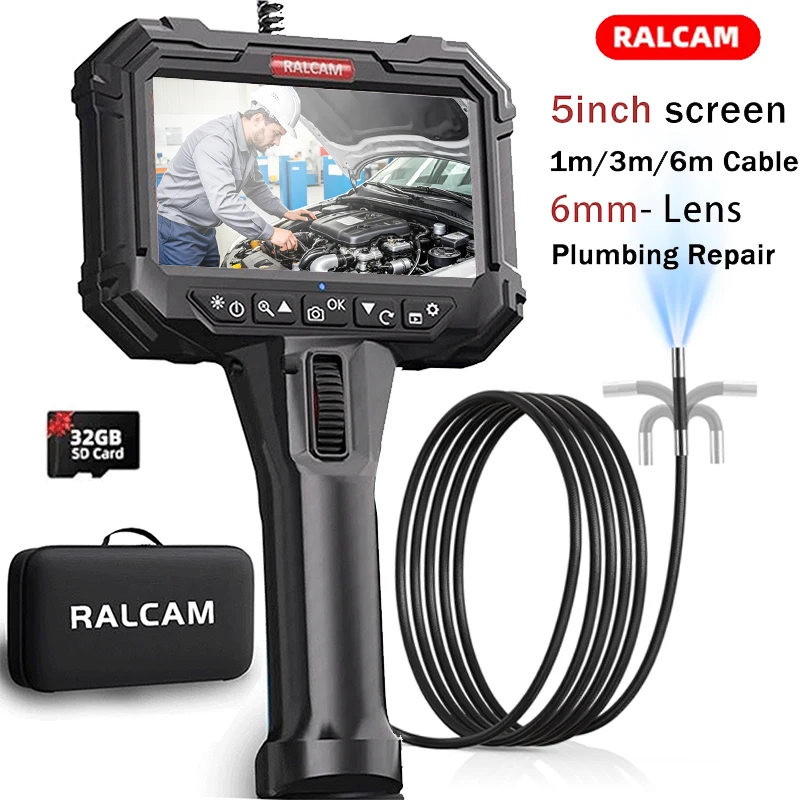 Ralcam Endoscope Camera with Light, Endoscope Camera with 210° Movable Head,  5 Inch HD Screen, 1-6M Cable for Car and Home