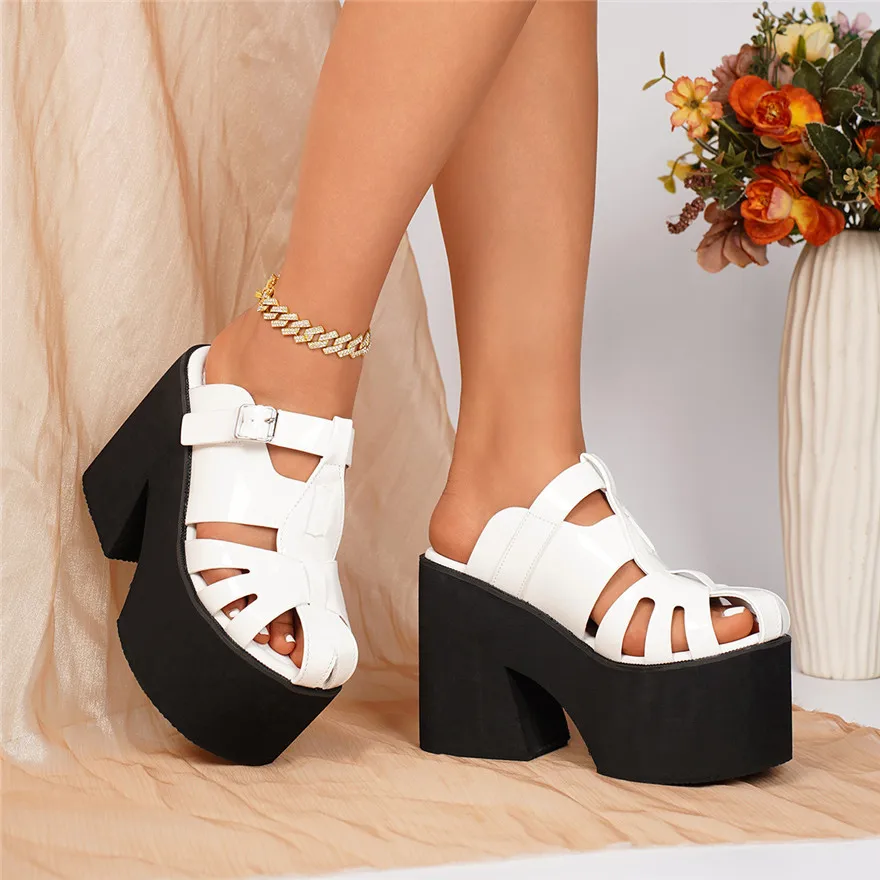 Women Fashion Thick Sole Buckle Flip Flops Patent Leather Hollow Baotou Casual Shoes High Heels Female Platform Outdoor Slippers view 5