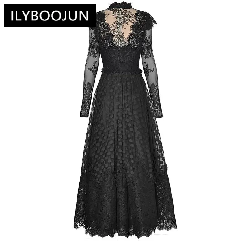 ILYBOOJUN Fashion Designer Women\'s Stand Collar Long Sleeve See-Through Lace Closed Waist In Puffy Long Big Swing Vintage Dress