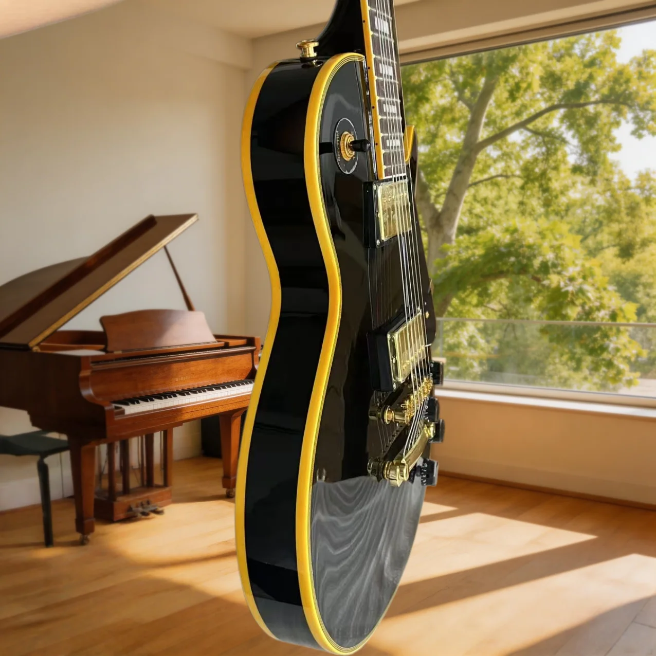 Guitarra Eléctrica LPAUL Negra Brillante con Encuadernación Dorada, Pastillas HH, Puente Fijo, 22 Tonos, para Principiantes, Blues, Jazz, Nueva