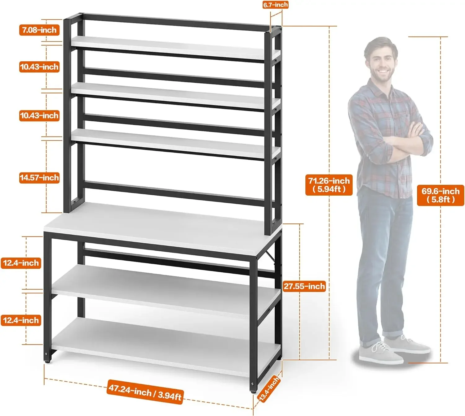 6 Tiers Bakers Racks for Kitchens, Kitchen Storage Stand with Hutch, White Freestanding Organizer with Shelves