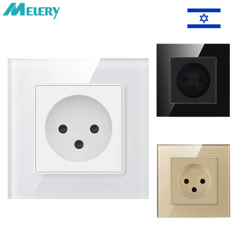 Melery Israel Wall Outlet Electrical Power Socket 16A Crystal Glass Panel 90-250V Plug White/Black/Gold for Home Office Kitchen