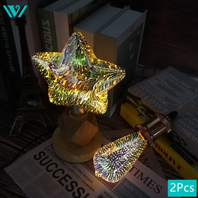 

2pcs 3D Decoration Edison Bulb E27 AC110V 220V Vintage Light Bulb Star Fireworks Lamp Holiday Night Light Novelty Christmas Tree