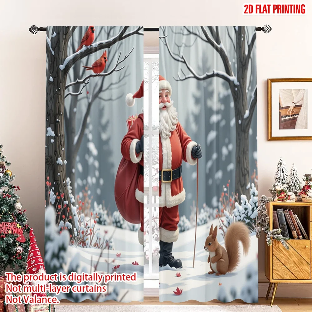 

2pcs 2D flat printing Merry Christmas Window Curtains Santa Forest Wildlife Christmas Present Fabric Without Electricity Family