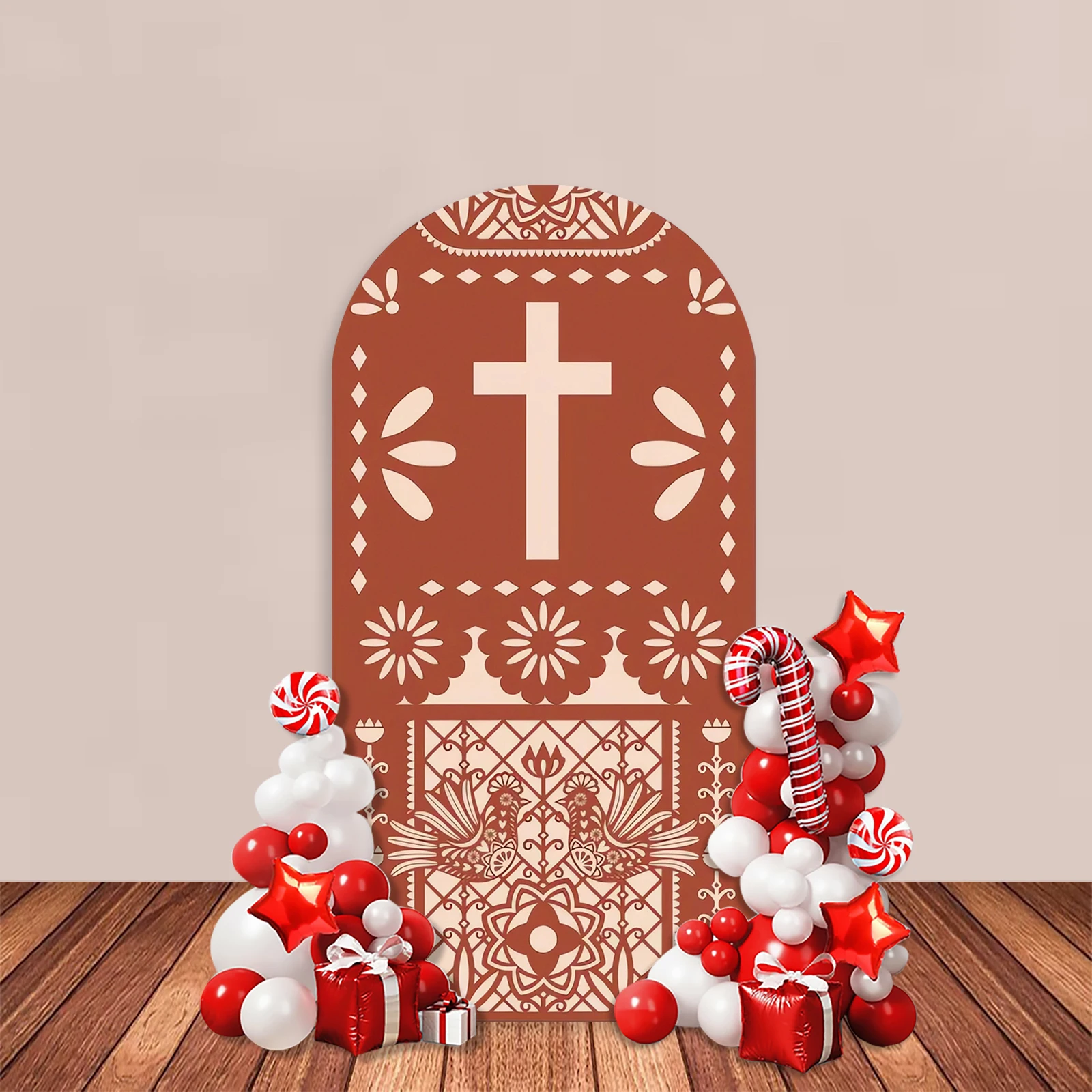 Red Brown Baptism Arch Backdrop CoverTalavera Flower Cielito Lindo Baby First Communion Party Decor God Bless Cross  Background