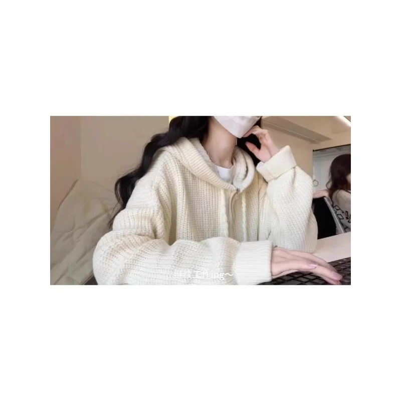 

Свитер с капюшоном на полумолнии для женщин, осенне-зимний свободный свитшот, мягкая и восковая вязаная куртка в ленивом стиле для женщин