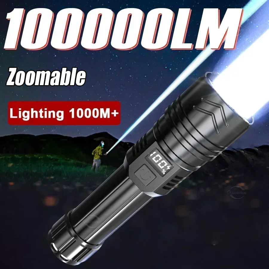 Powerful LED Flashlight USB Rechargeable Light with Battery Display Telescopic Zoom Torch Lamp Outdoor Camping Fishing Lantern