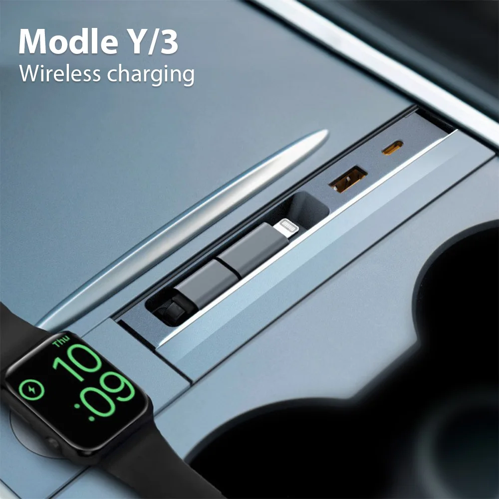 Per Tesla Model 3/Y Hub USB 27W Docking Station 3 in 1 con cavo retrattile Supporto Ricarica wireless di Apple Watch per Tesla