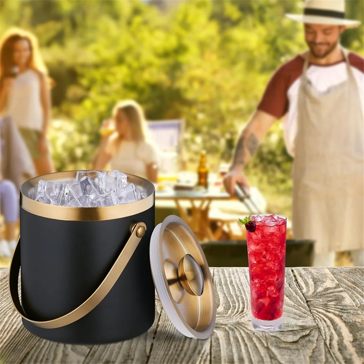 Ice Bucket, Stainless Steel, Double-Walled, Ice Bucket with Lid & Handle, 2 L, Ice Cube Bucket Black & Gold