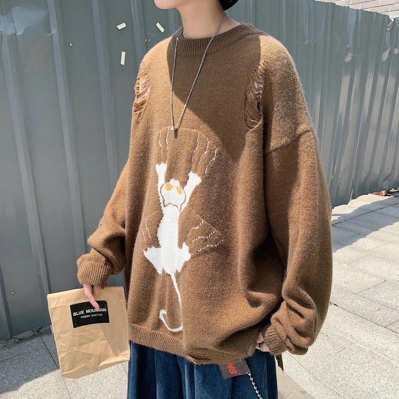 Autumn Korean Version Casual Harajuku Knitted Man Pullovers Fashion Cartoon Funny Cat Print O-neck Wild Korean Sweater Men