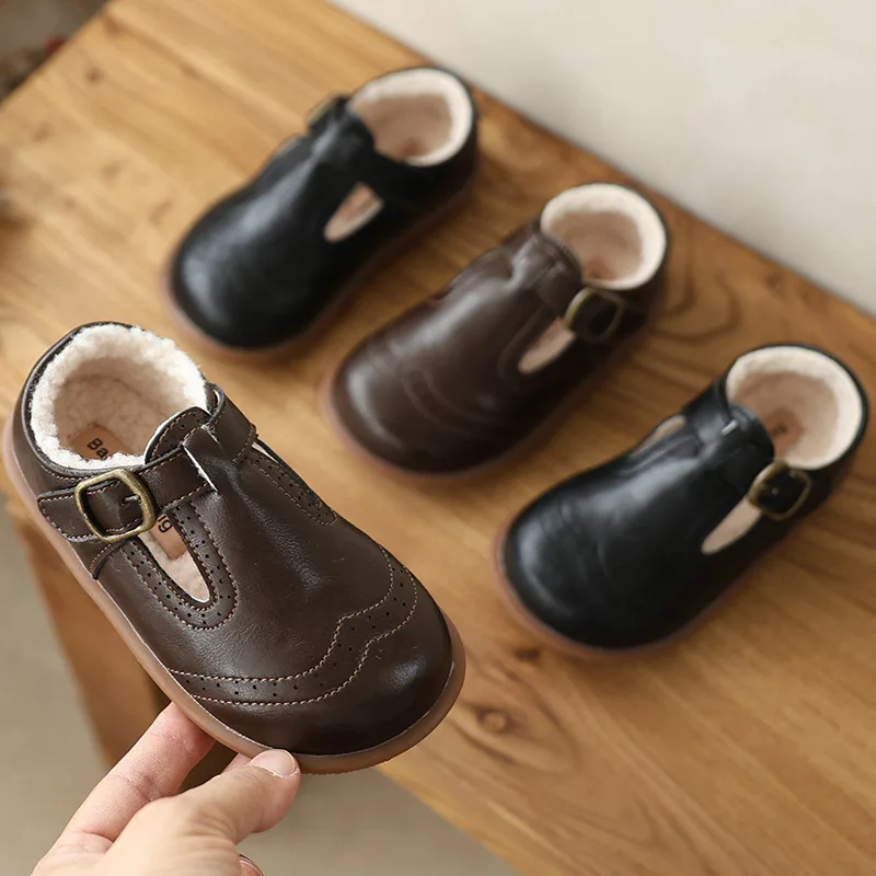 Winter Warm Lining Children Casual Shoes Comfortable Grain Cowhide Leather Baby Girls Cotton Shoes Fashion Boys Kids Flats