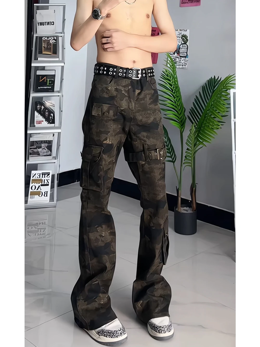 

American High Street Camouflage Straight Leg Jeans Men's Autumn Cleanfit Long Legs Workwear Pants High Waist Belted