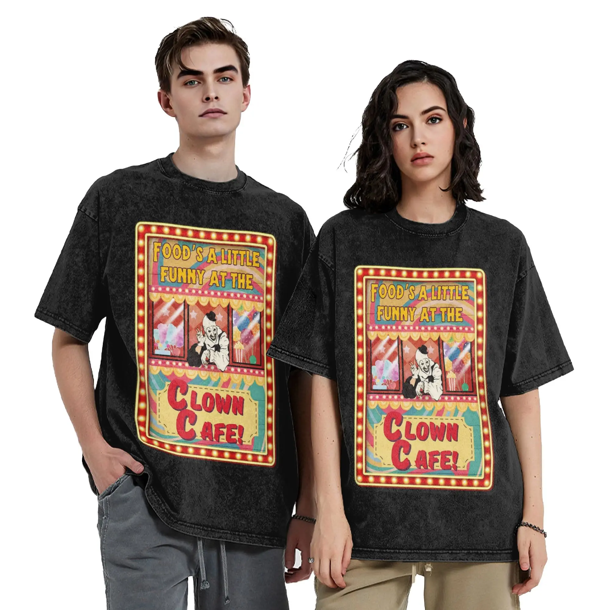 Washed T Shirts Clown Cafe with Art the Clown Terrifier Hip Hop Retro T-Shirt Harajuku Streetwear Cotton Tops Tees Men Women