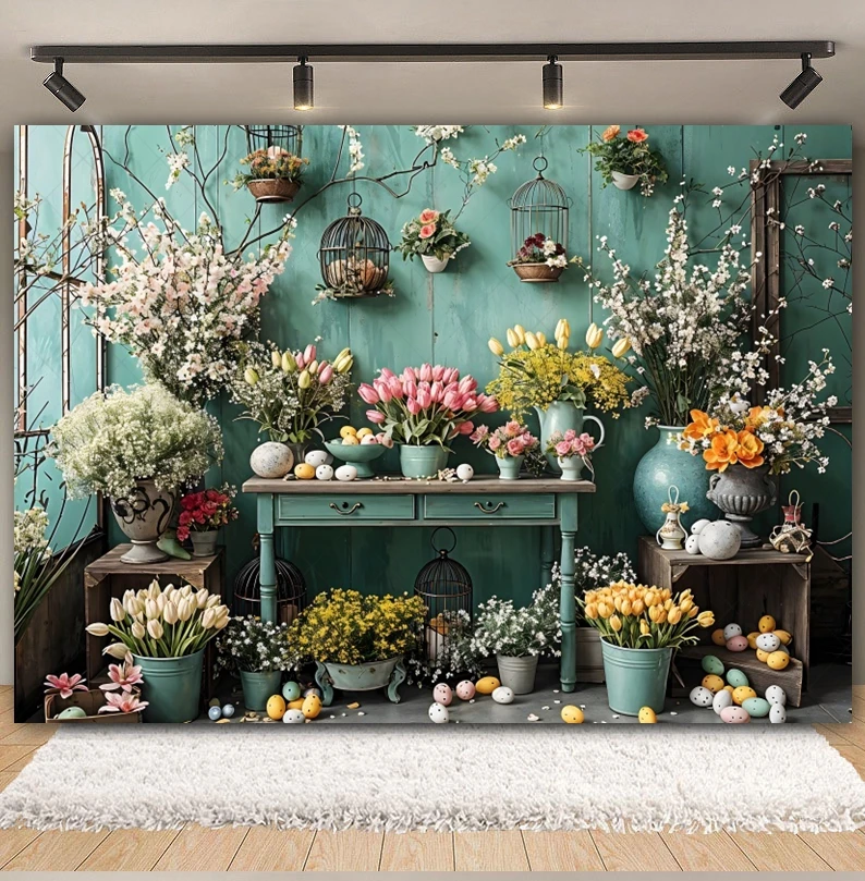 Spring Flower Easter Photography Backdrop Green Wood Wall Easter Floral Tulips Bunny Eggs Kids Adults Portrait Photo Background