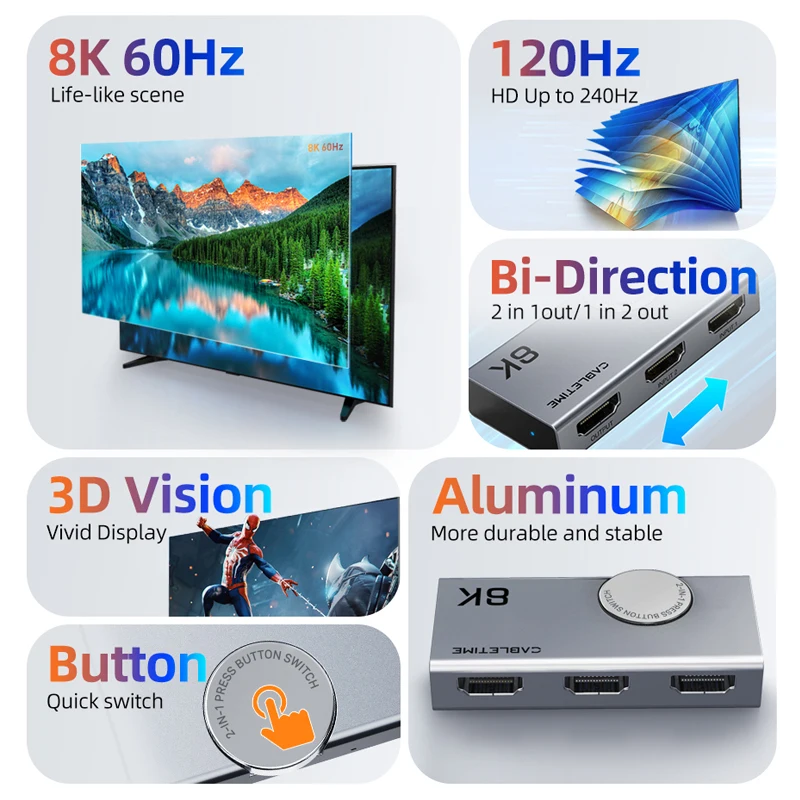 CABLETIME HDMI الفاصل 8K 60 هرتز 4K 120 هرتز 2 في 1 الجلاد ثلاثية الأبعاد رؤية مقبض ألومنيوم تصميم محول لأجهزة الكمبيوتر المحمول ماك بوك لينوفو C457