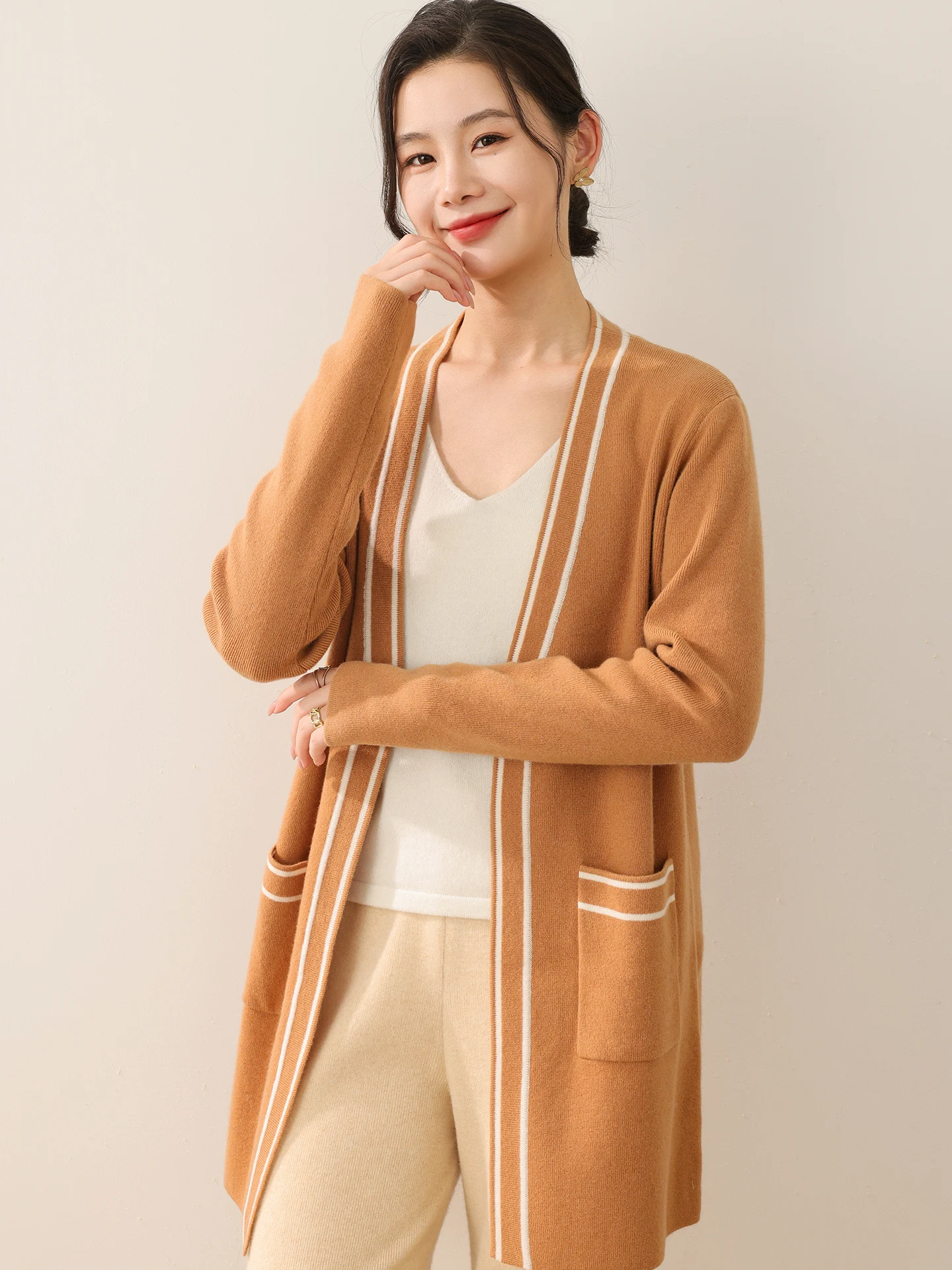 

Женский новый кардиган из 100% мериносовой шерсти, длинный, в цветную полоску, вязаный свитер, однотонный, повседневный, осенне-зимний, свободный, толстый топ