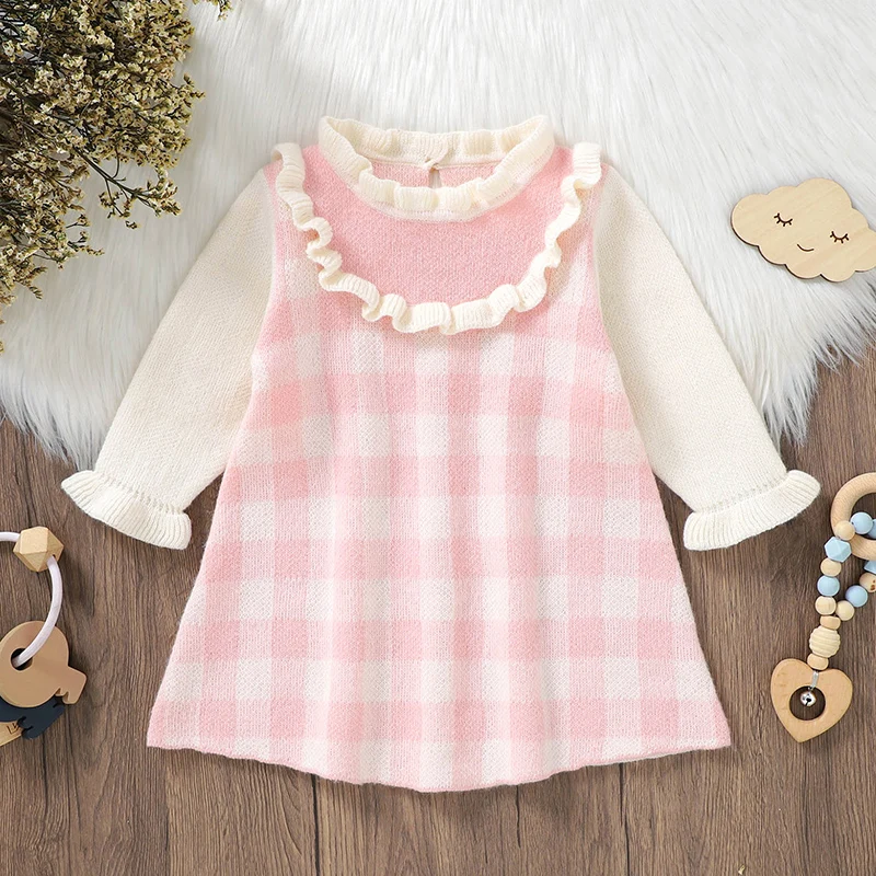 Baby Sweaters Dress Long Sleeve Autumn Infant Girl Skirt Fashion Ruffles Plaid Children Petticoats Knitted Warm Winter Overalls