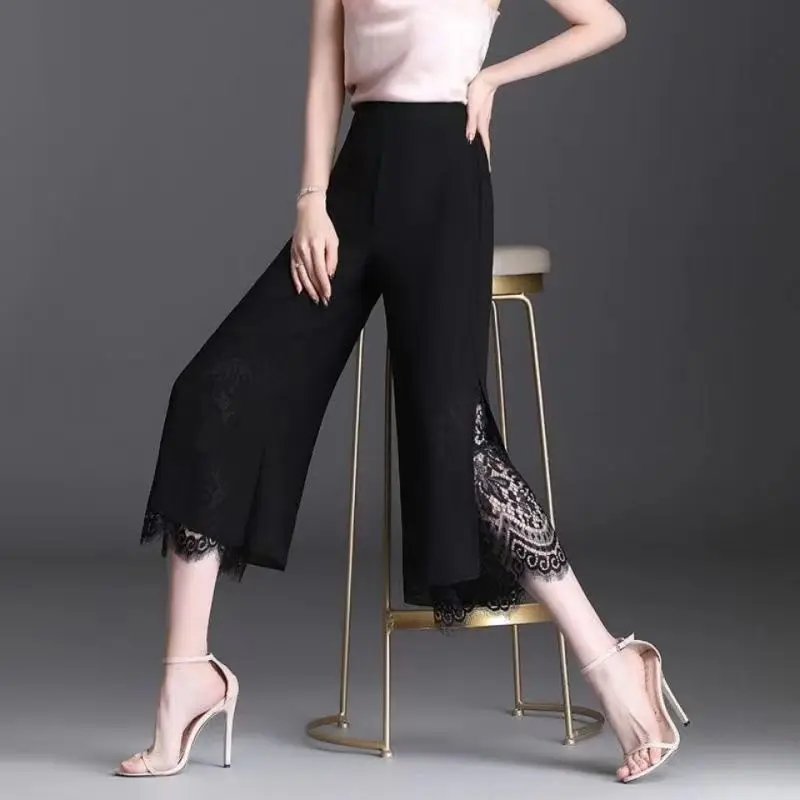 Women's 2024 Spring Summer New Fashion Spliced Lace Hollow Out Elastic High-waisted Solid Color Straight Chiffon Wide-leg Pants