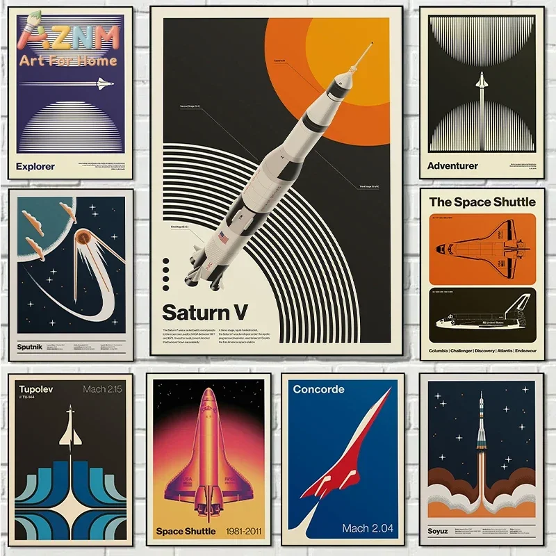 Retro Aerospace Wall Art Set Saturn V Space Shuttle Concorde Canvas Poster Mid Century Boys Gaming Room Decor Unframed
