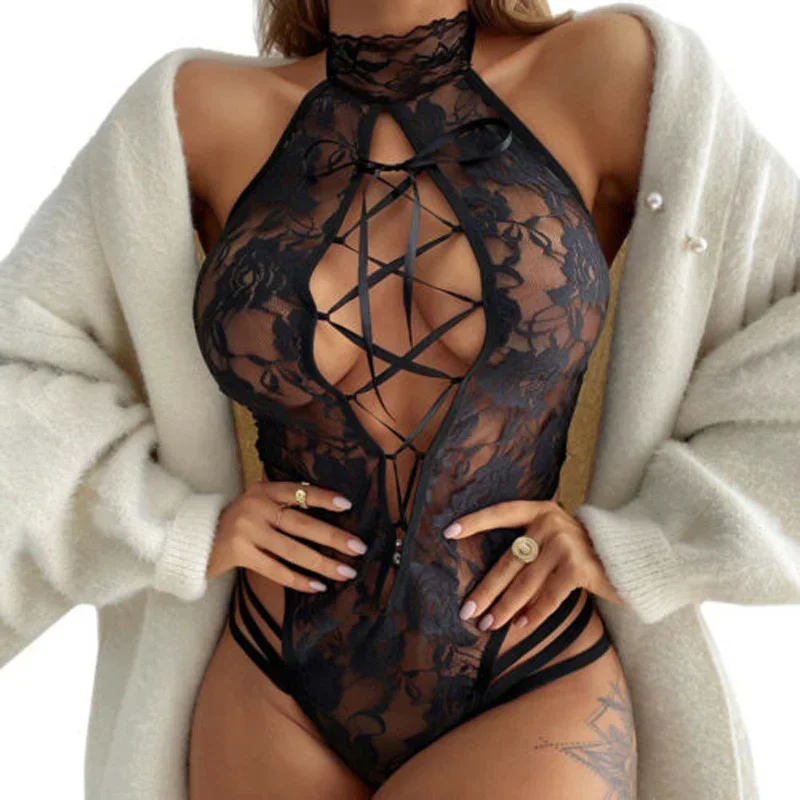 Hot Sexy Lace Lingerie Women\'s See-through Bodysuit Sexy Pajamas Floral Hollowed Out Outfit Tights Erotic Lingerie Sexy Lingerie