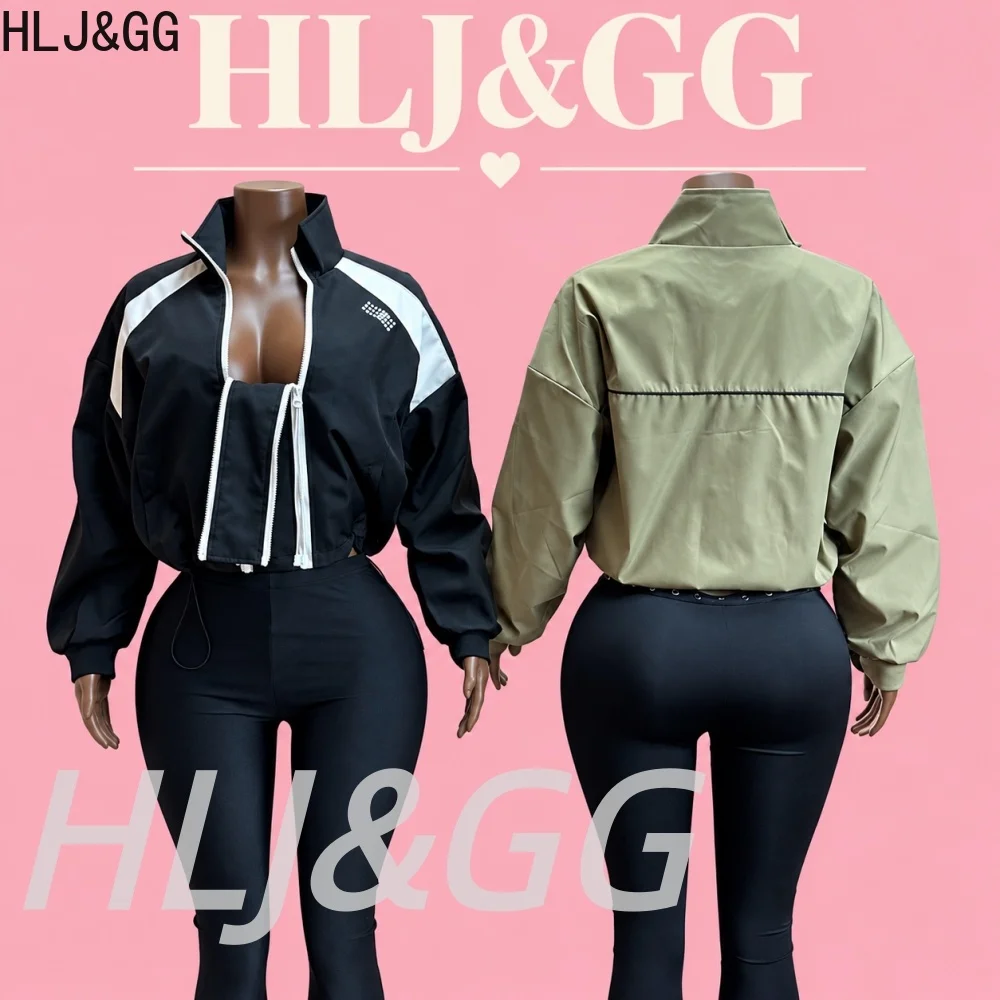 HLJ&GG Y2K Street Style Women Fuzzy Cropped Jacket Zip-Up Contrast Trim Stand Collar Trendy Autumn Short Outer Coat Streetwear