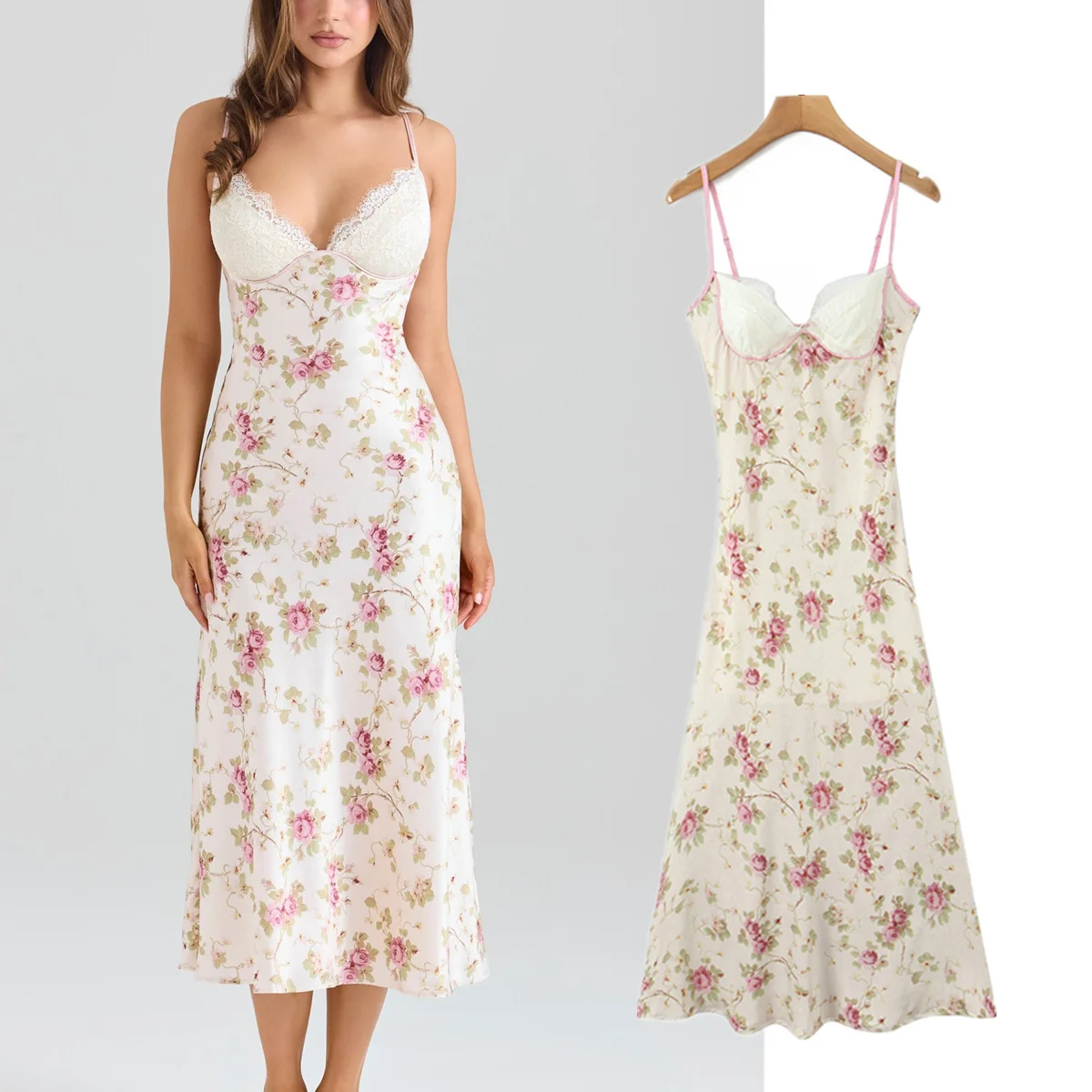 Jenny & Dave – robe longue en Satin à fleurs, Style campagnard, Vintage français, avec bretelles, épissure de dentelle, robes de soirée élégantes, robes pour femmes, longues