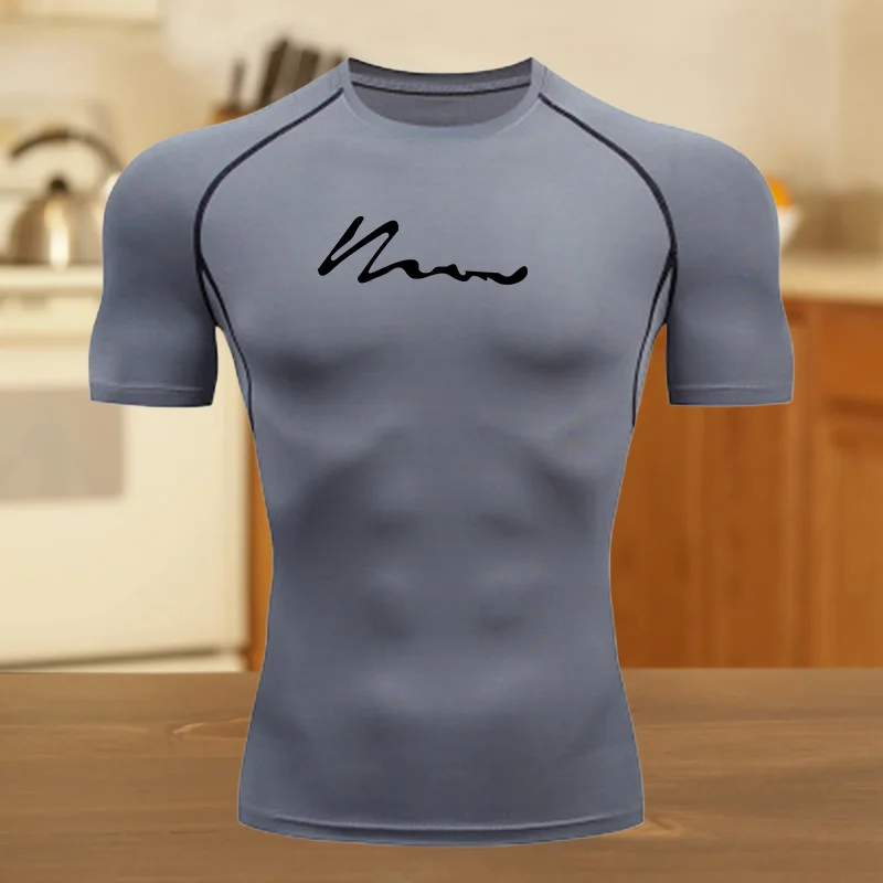 تي شيرت مضغوط للياقة البدنية والجري والرياضة للرجال سريع الجفاف وجيد التهوية وأكمام قصيرة من القماش القابل للتمدد للتدريبات الصيفية #5