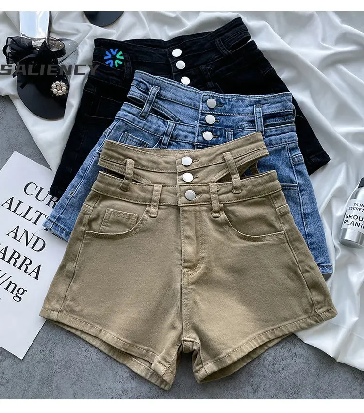 

Denim Shorts Women's 2022 Summer New High Waist Elastic Thin Waist Cutout Design Khaki Jeans