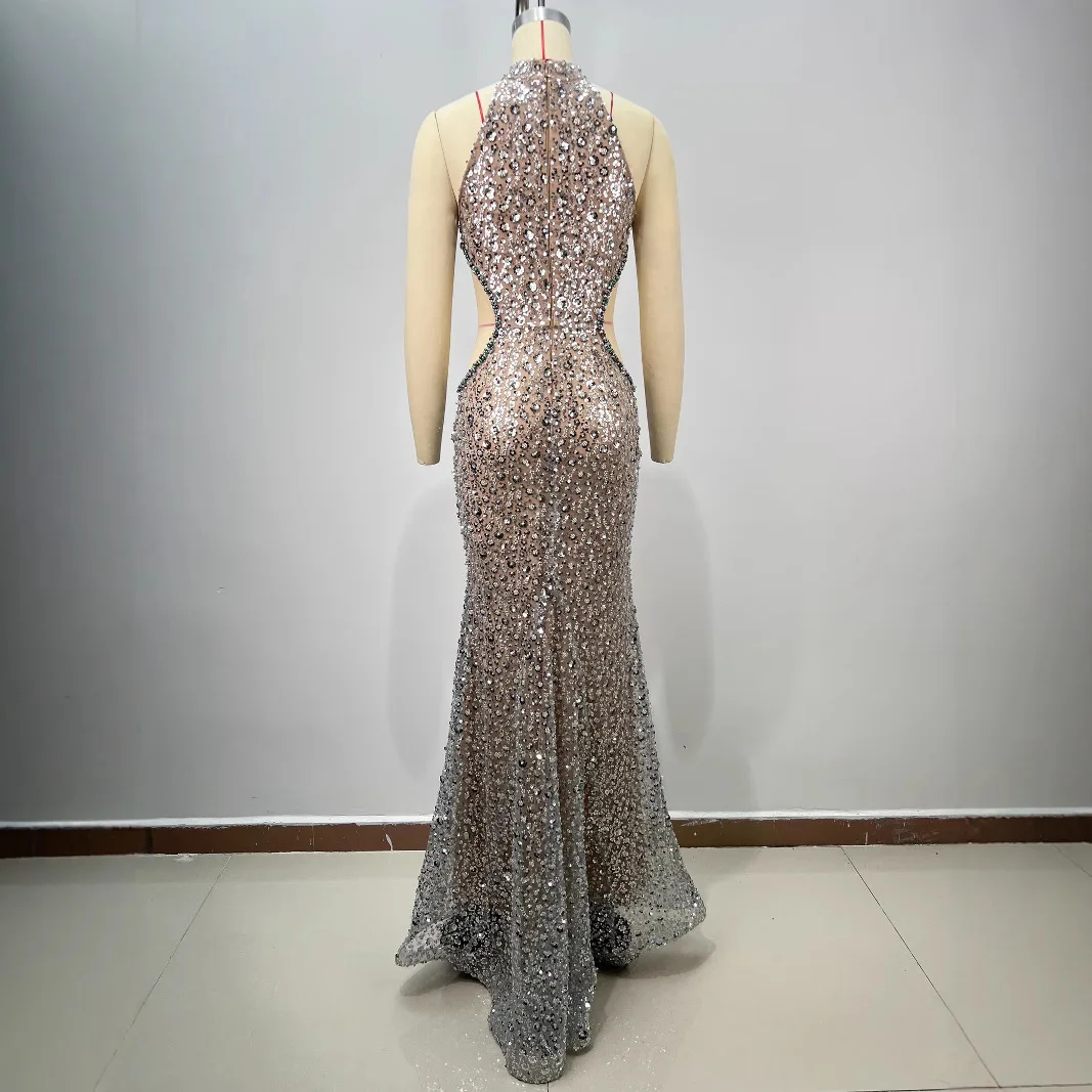 이브닝 드레스 여성 파티 드레스 하이넥 헤비 스팽글 비즈 장식 섹시한 홀 메쉬 바디콘 머메이드 수제