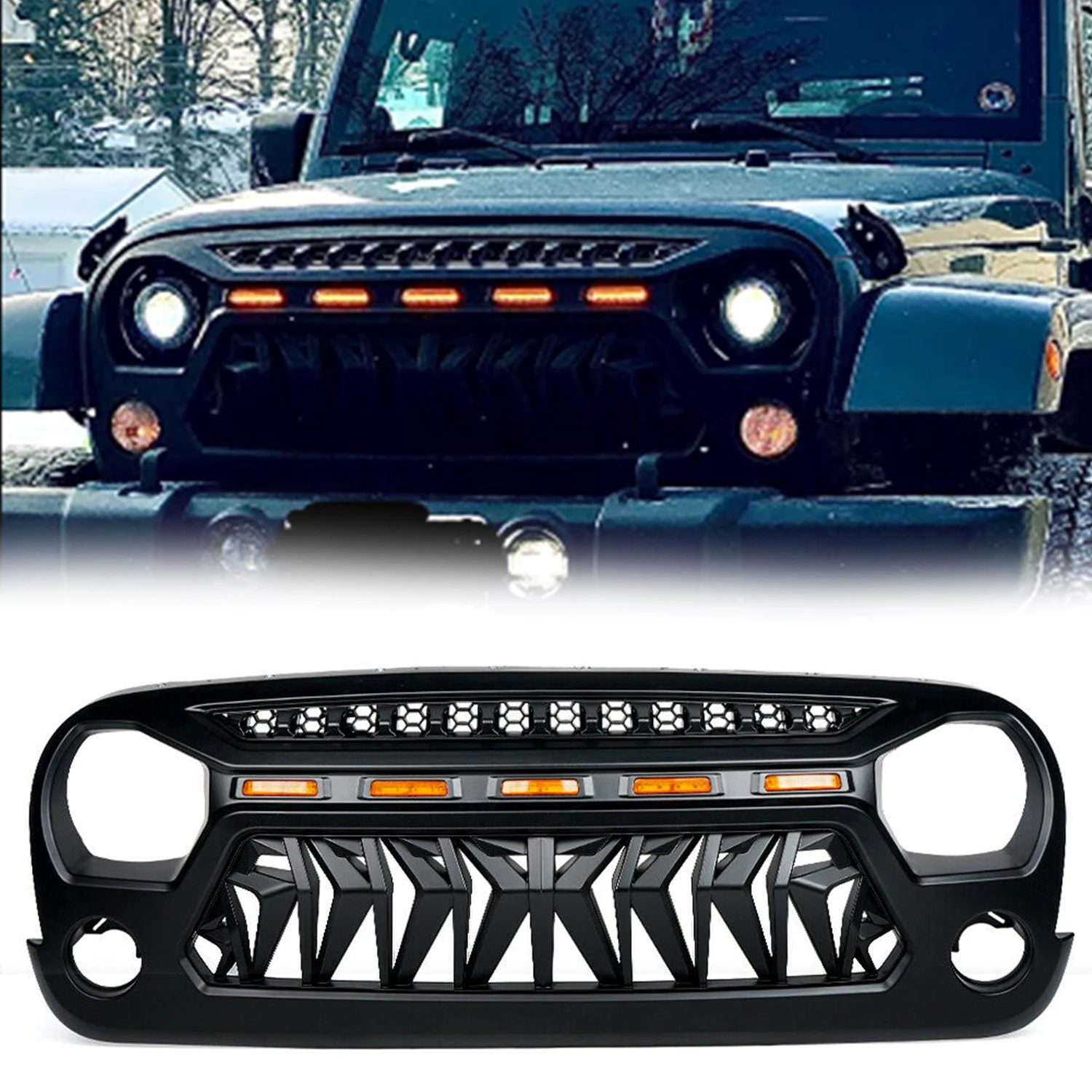 

Front Grill ABS Black Grille JK Grills 1Piece For Jeep JK Wrangler 2007-2017 (J394 & J395) Lantsun