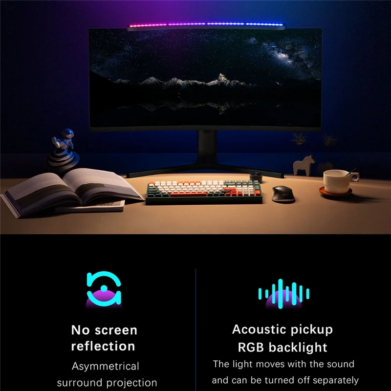 RA97 Curved Monitor Light RGB Color Sound-Sensitive Music PC Hanging Game Dimming Eye-Care Wireless Remote Control(B)