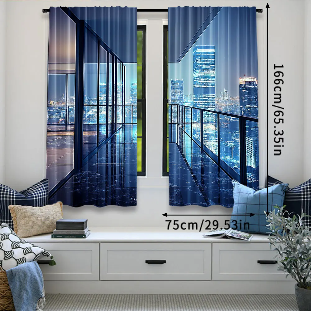 2Pcs Aerial View City Landscape Curtain New York City Night View Backdrop Skyscraper For Living Room Bedroom