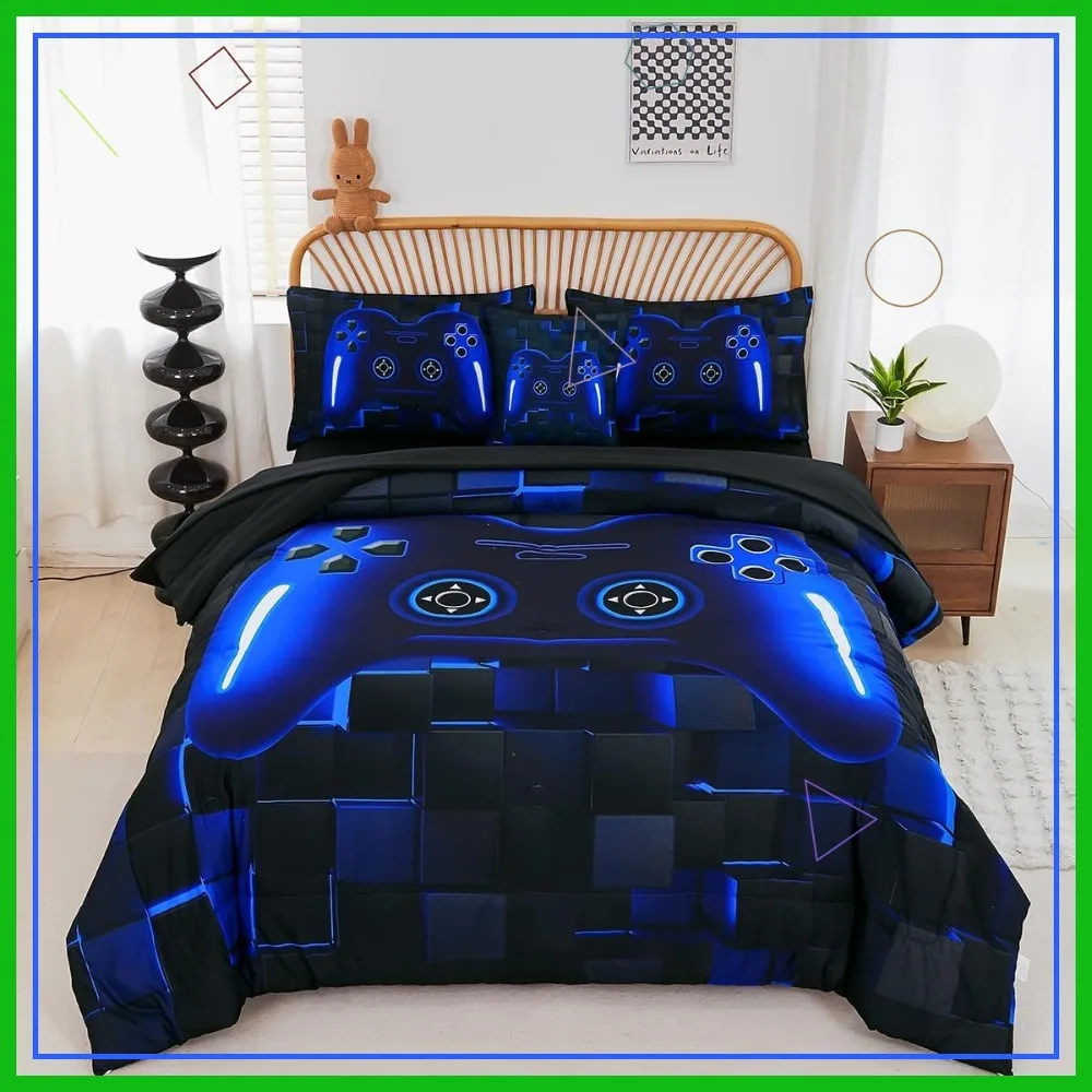 

6-Piece Kids Gaming Comforter Set Full Size Blue for Boys Teen, 3D Cool Black Video Game Bedding with Sheets