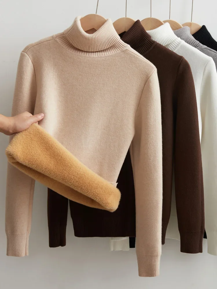 

Thicken Sweater Women Casual Warm Velvet Lined Oversize Knitted Pullover Mock Neck Top Korean Fashion Soft Knitwear Jumpe PH273