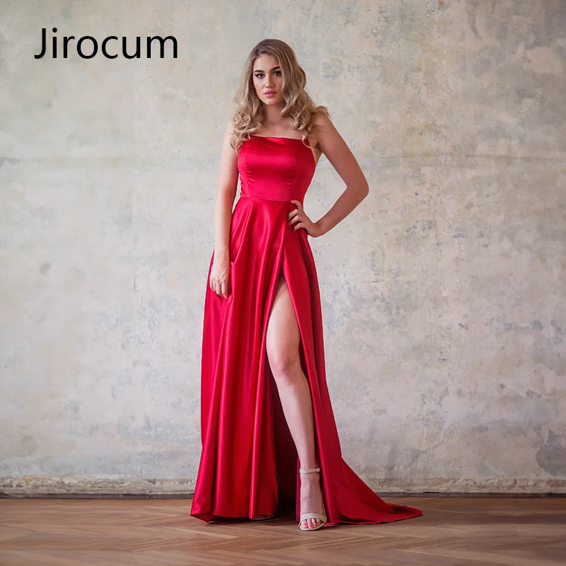 Jirocum Sexy Sweetheart Ball Dress A-line Open Back Satin Evening Party Formal Party Evening Gowns Simple Red Side Split Dresses