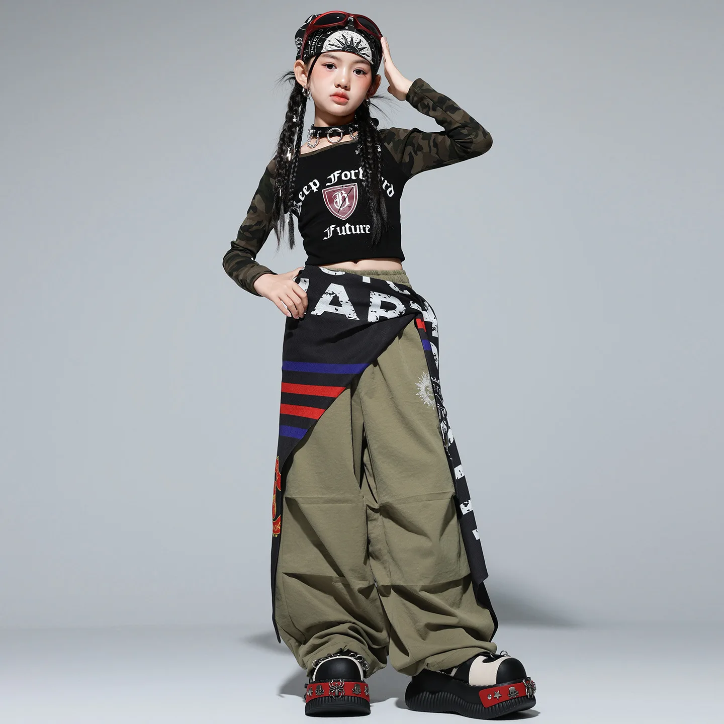 طفل الهيب هوب الملابس السوداء المحاصيل طويلة الأكمام قمم الجيش الأخضر المظلة السراويل للفتيات مجموعة الشارع ملابس رقص الملابس