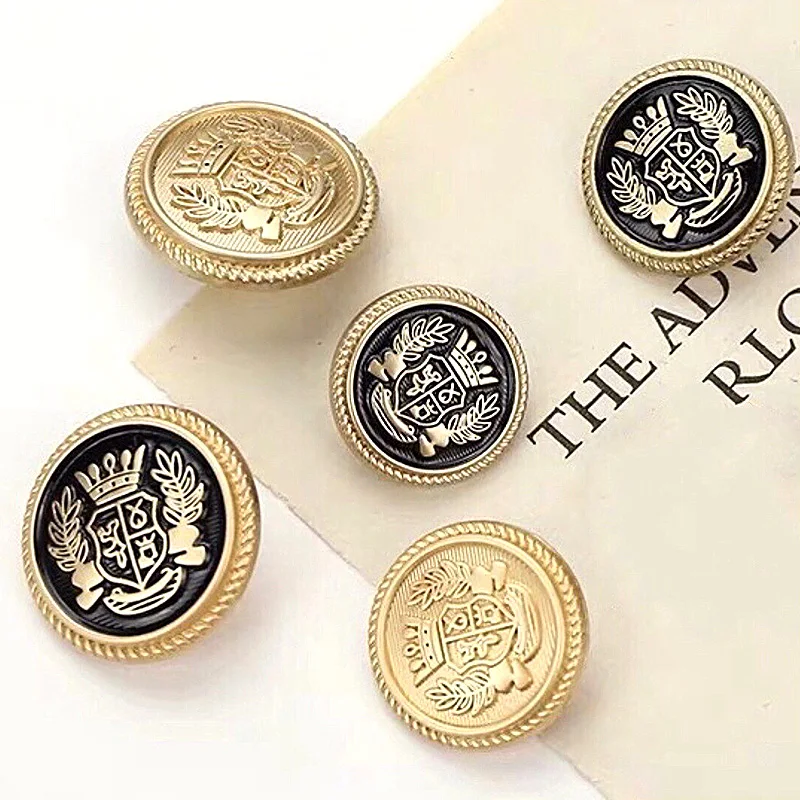 10Pcs Vintage Metal Round Buttons College Style Crown Pattern Suit Buckles Sewing Jacket Coat Garment Shank Golden Buttons