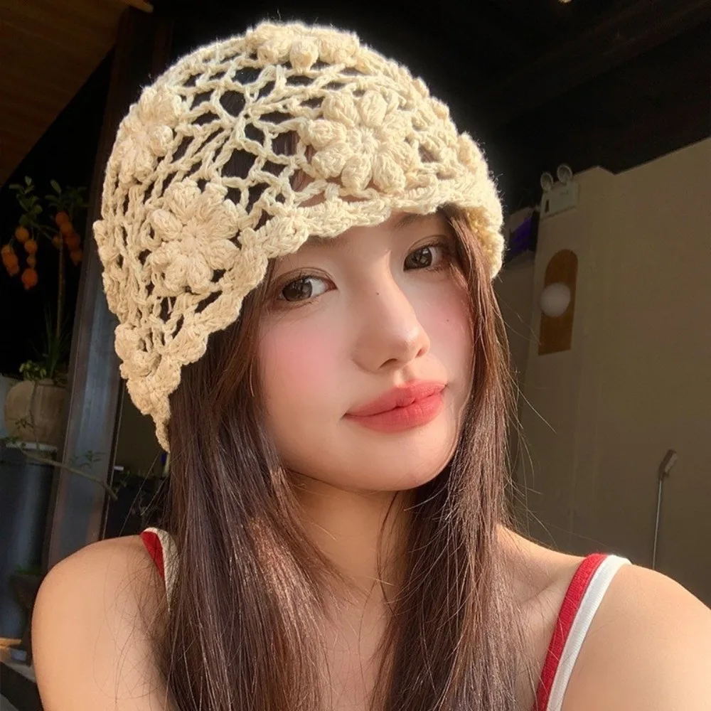 Sweet Hollow Women Bald Hat 3D Flower Hand Hook Candy Knitted Hat Spring and Summer Crochet Beanie Cap