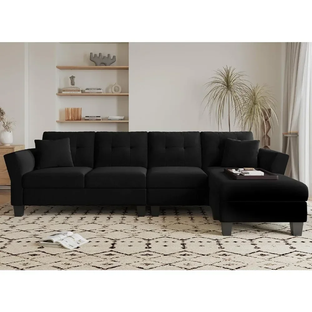 

Living Room Sofa, with Chaise Convertible L-Shaped Couches Reversible Sectional Black Velvet Sectional Couch