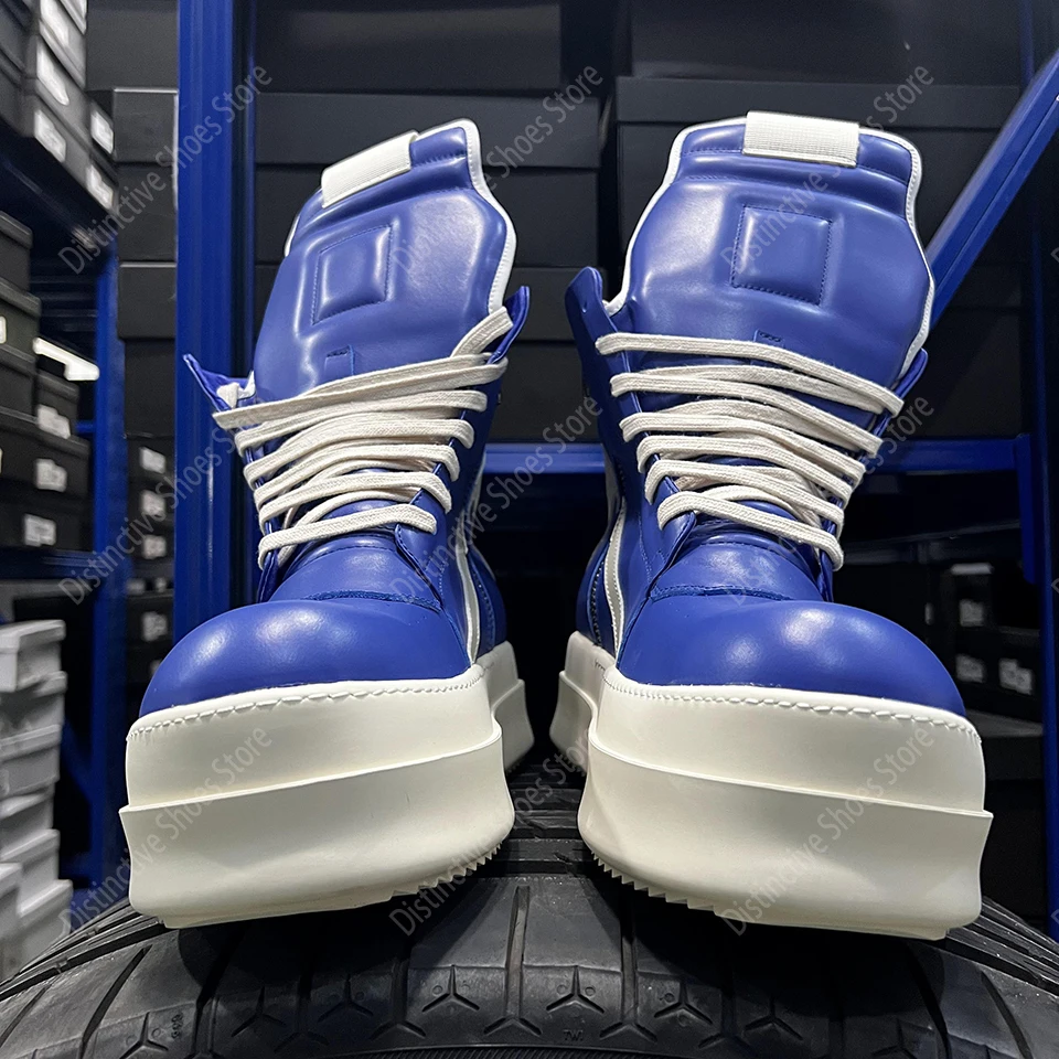 Zapatos de marca RO para hombre, zapatillas informales de cuero azul a la moda con doble fondo, zapatillas de deporte de suela gruesa con cremallera para mujer, zapatos con aumento de altura