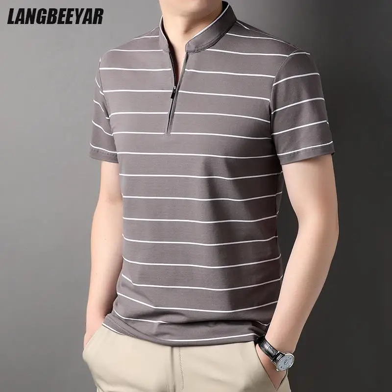 

Top Grade Yarn-dyed Process Cotton Zipper Crew Neck Summer Polo Shirt Striped Short Sleeve Casual Tops Fashions Clothes Men