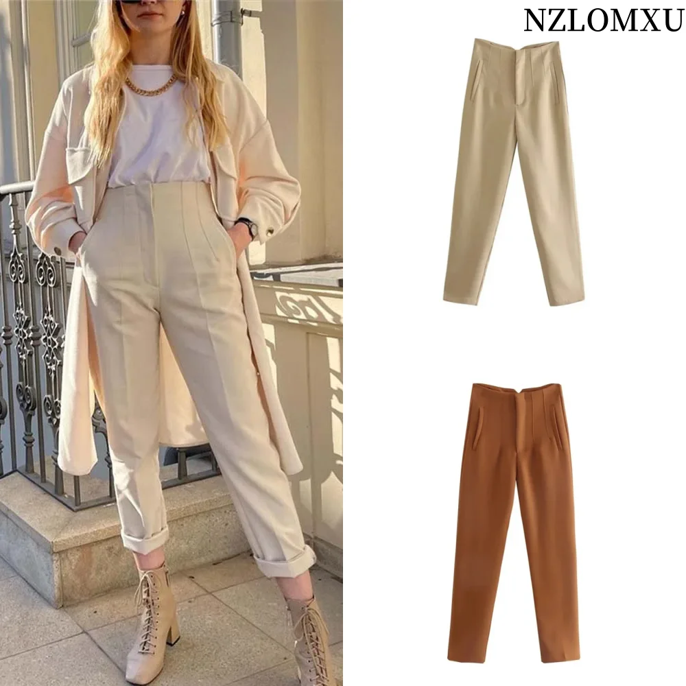 

Women Pants 2024 Chic Fashion Office Wear Pants For Women Vintage High Waist Zipper Fly Female Ankle Trousers Mujer