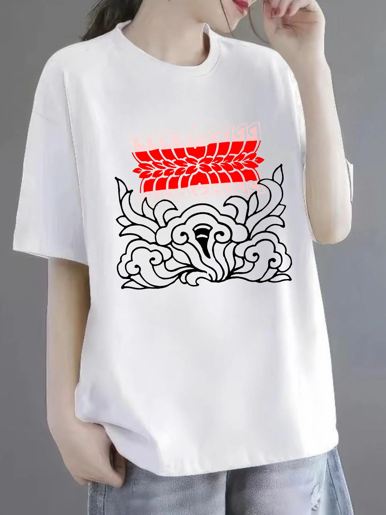 

Women's T-shirts Chinese style Harajuku Christmas 90s vintage clothes Casual 100% cotton Tire Tracks With Clouds printed tee