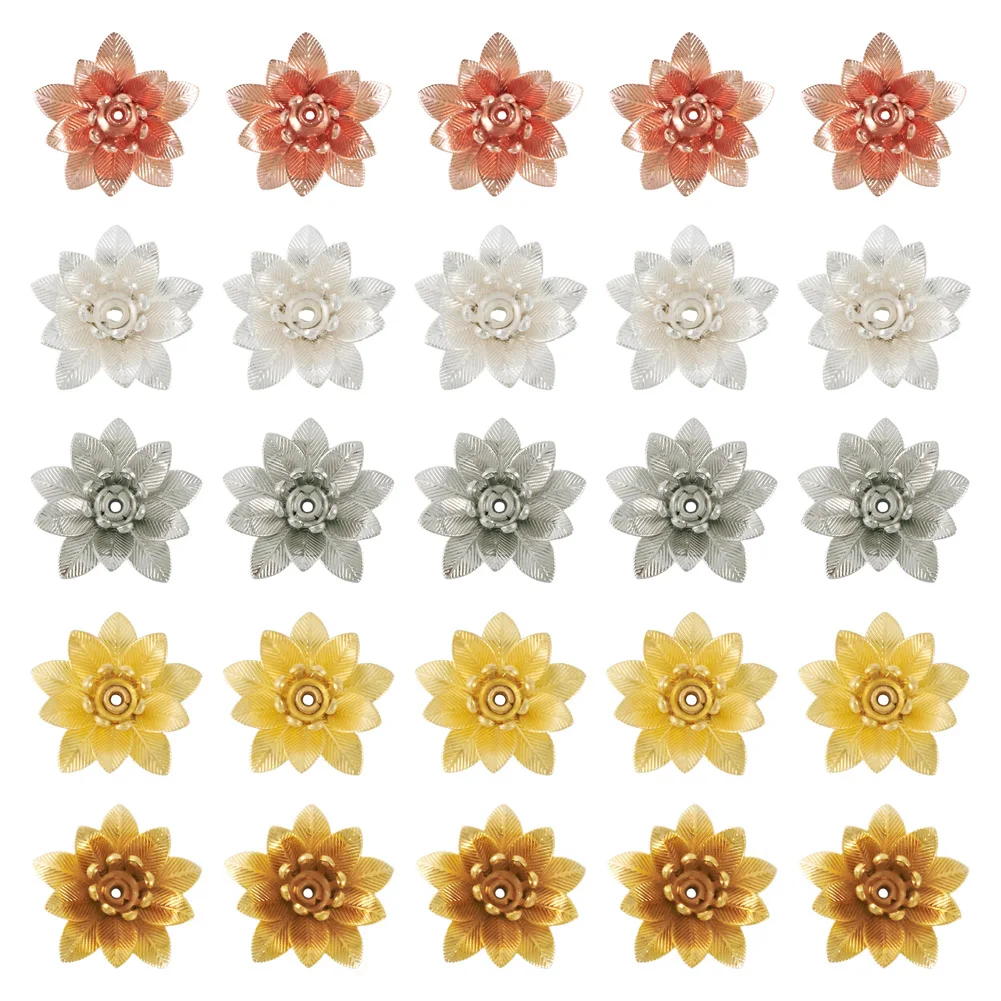 

50pcs 3D Brass Multi-Petal Flower Bead Caps for Jewelry Making DIY Bracelet Necklace Decor Accessories Mixed Color 16x6.5mm