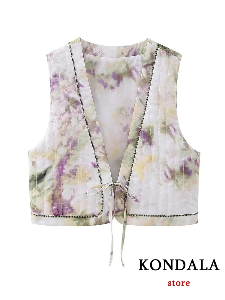 KONDALA Vintage Chic Tie Dye Women Vest V-Neck Sleeveless Short Straight Vest New Fashion 2023 Summer Holiday Vest Tops