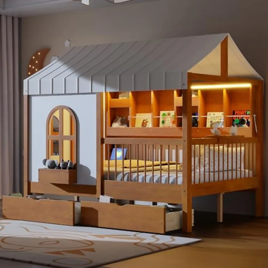 

Size House Bed with 2 Large Drawers, Side Bookshelf, Tent, Window, Playhouse Design Wood Montessori Bed Frame with Guardrail