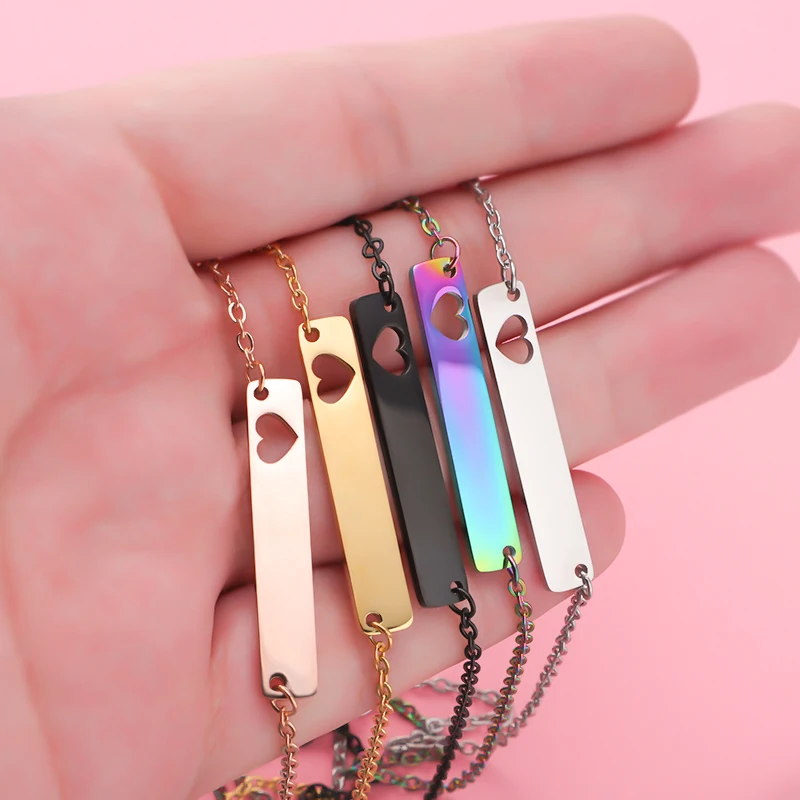 Fnixtar 10Pcs/Lot 18inch Stainless Steel Mirror Polish Hollow Heart Blank Bar Pendant Necklace 35*6mm DIY Necklace For Women\'s