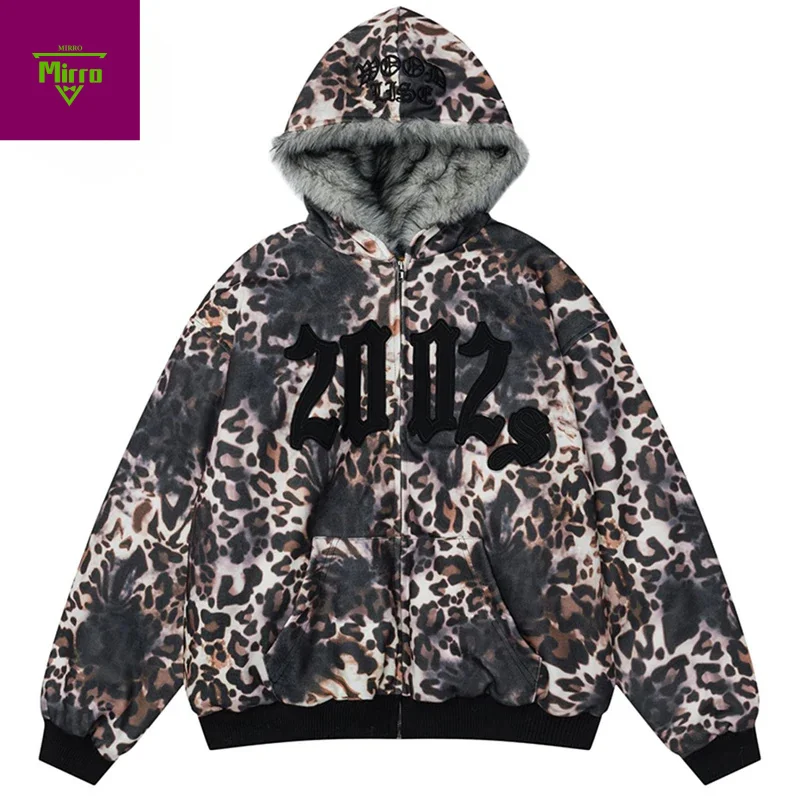 

Men Winter Jackets Leopard Coat Thicken Plush Warm Parkas Vintage Oversized Hip Hop Padded Jackets Outwear