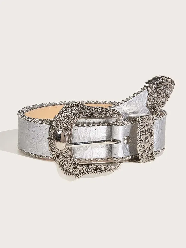 Western PU Leather Belt Western Cowboy Women Cowgirl Unisex Waist Belt with Metal Engraved Buckle