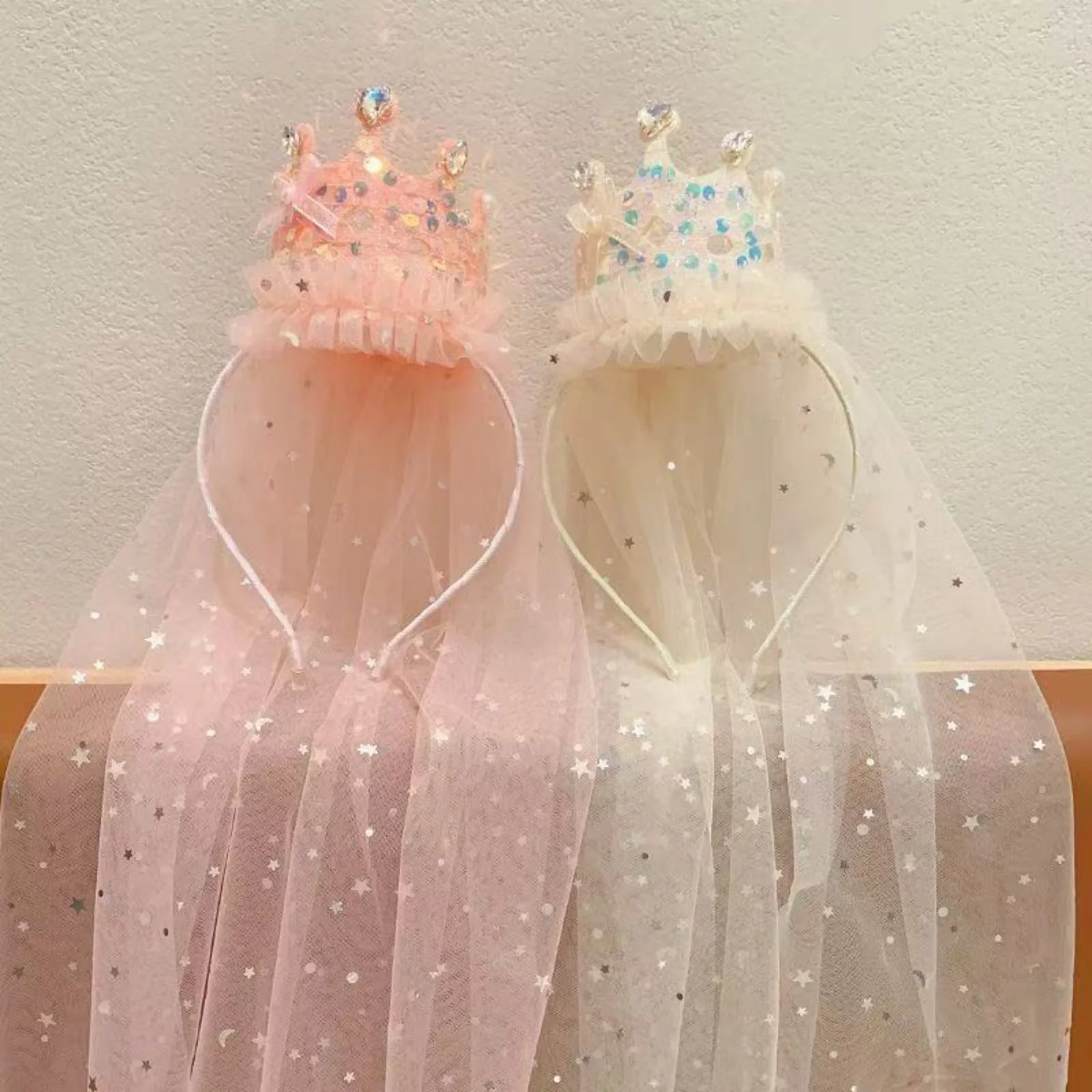 1PC Princess Crown Veil Headbands,Sparkly Tulle Hair Accessories,Pink White Sequin Party Headwear,Cute Girl's Dress Up Headbands